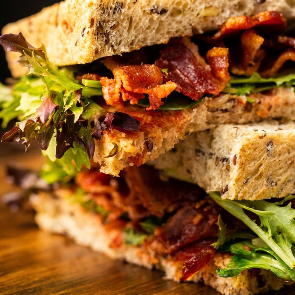 Two halves of a bacon, lettuce, and tomato sandwich on seeded whole-grain bread.