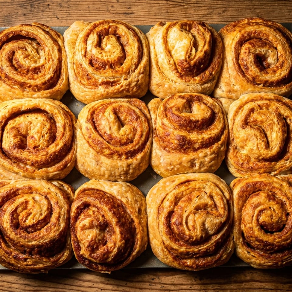 Twelve freshly baked cinnamon rolls arranged on a baking sheet on a rustic wooden table.