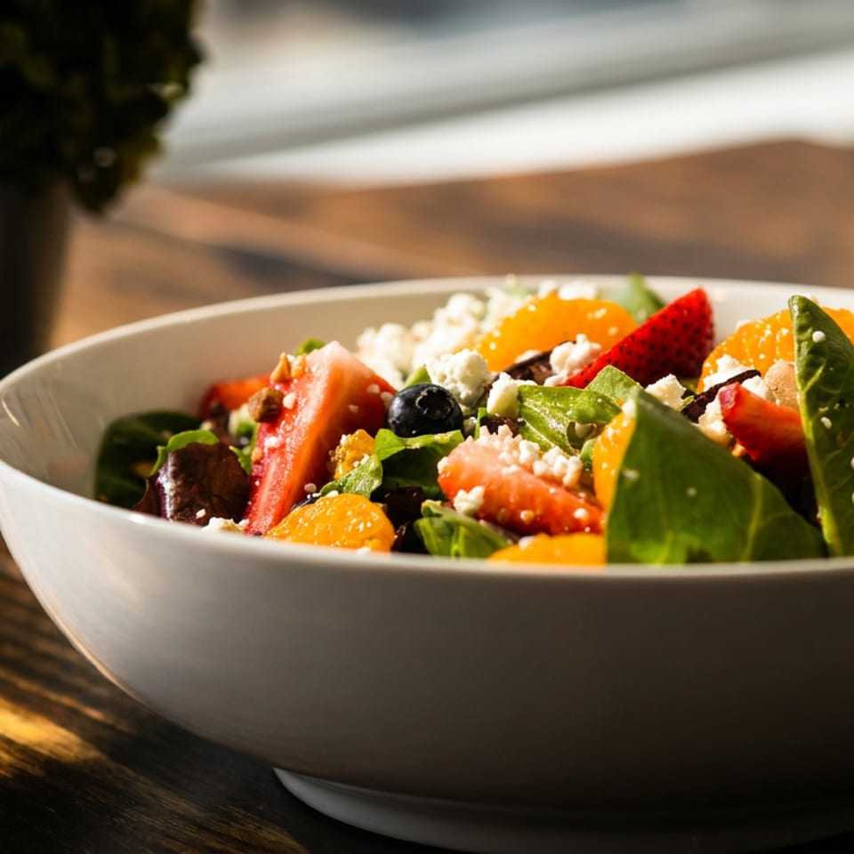 A vibrant fruit and feta salad in a white bowl on a wooden table with a plant.