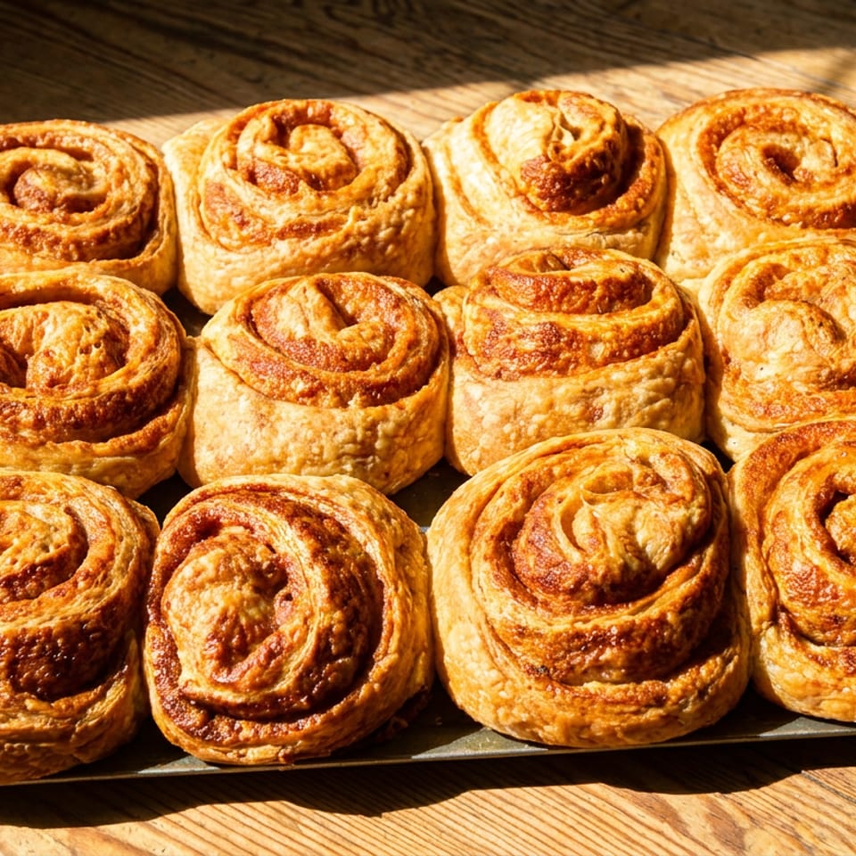 Twelve golden-brown cinnamon rolls on a baking sheet, bathed in sunlight on a wooden table.