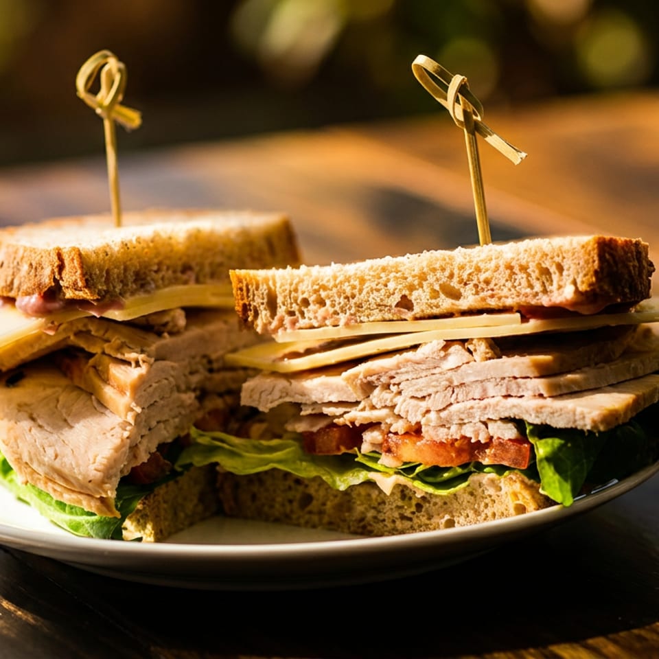 Two halves of a turkey and cheese sandwich with lettuce and tomato on a white plate.