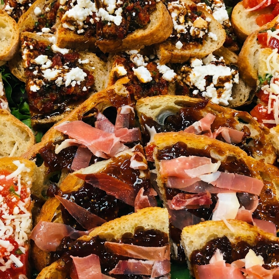 Assorted crostini platter topped with tomatoes, shredded cheese, meatballs, prosciutto, and dark fruit spread.