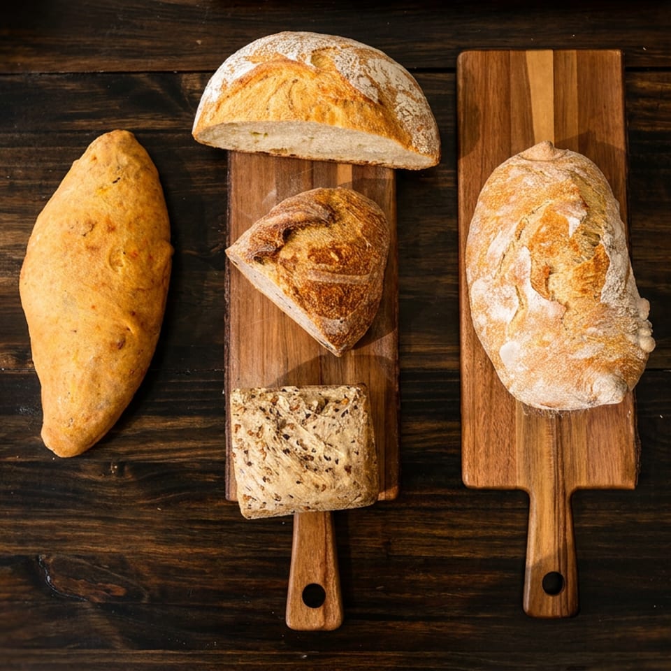 Assortment of freshly baked artisan bread loaves and slices on wooden cutting boards.