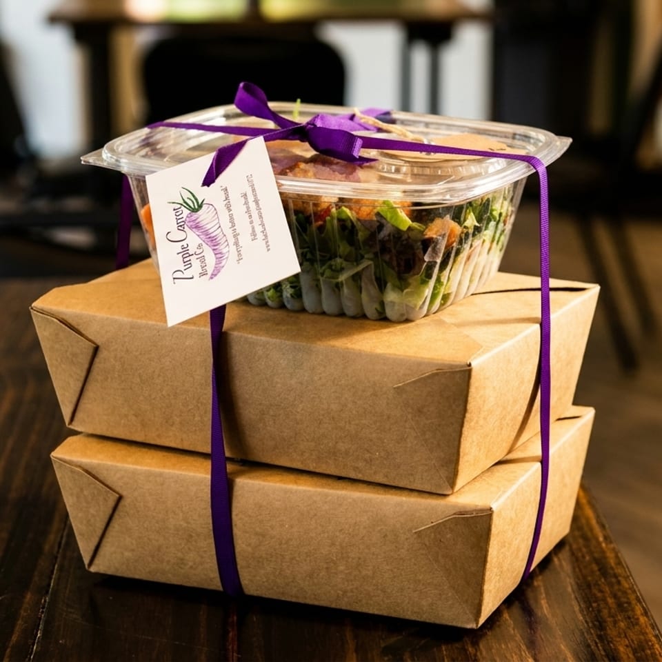 Two brown takeout boxes and a clear salad container with a purple ribbon and tag.
