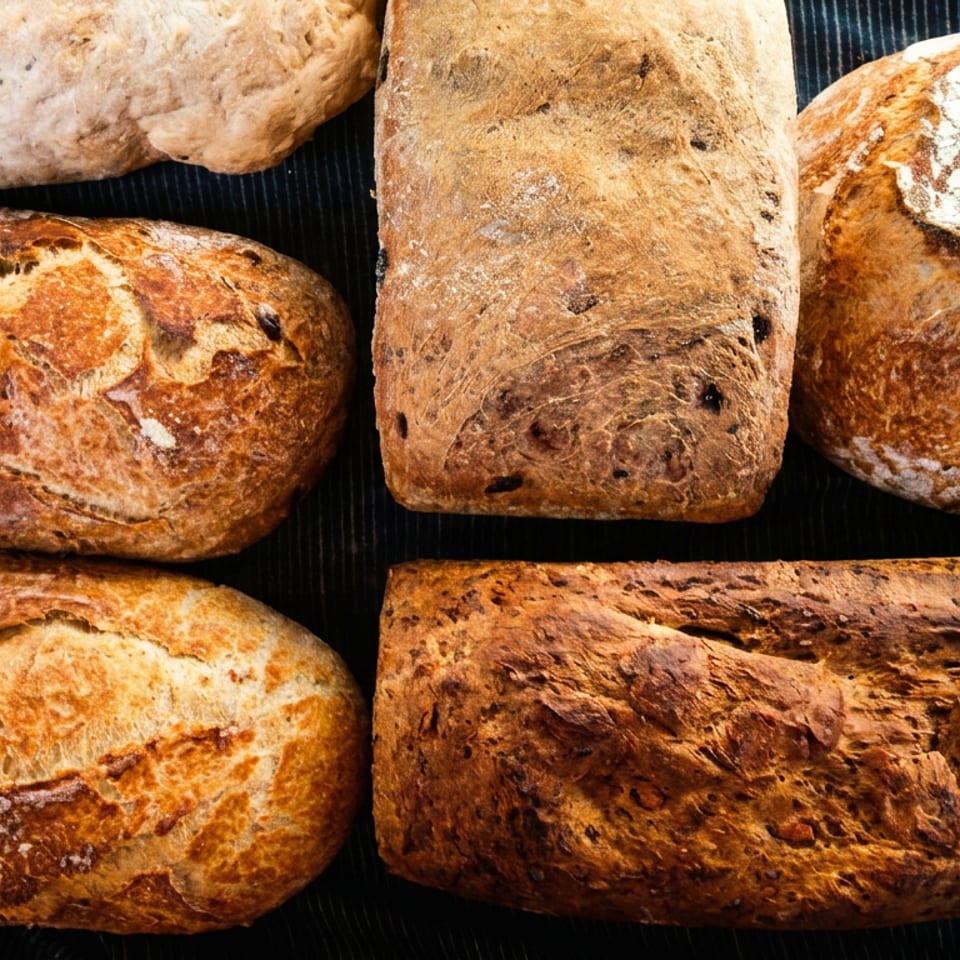 Assortment of freshly baked artisan bread loaves with golden crusts on a dark blue striped cloth.
