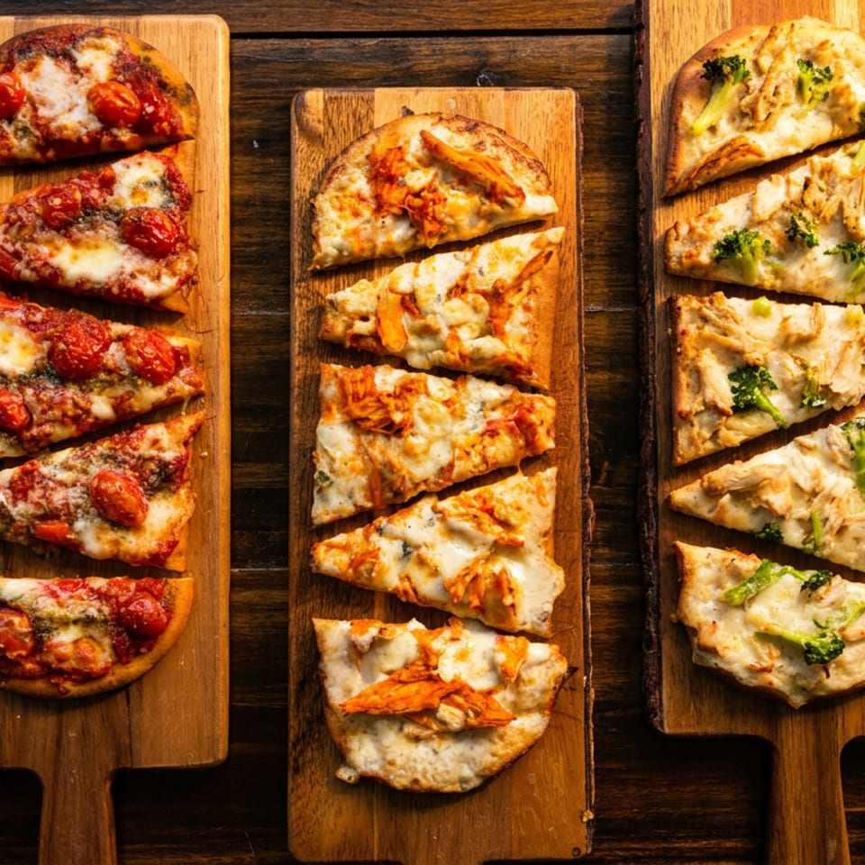 Three wooden boards with various flatbreads: tomato and cheese, buffalo chicken, and chicken and broccoli.