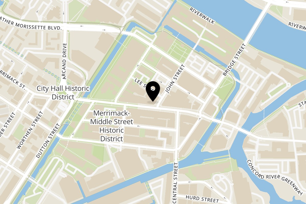 Map showing the location of Purple Carrot Bread Co. Lowell on 107 Merrimack St in Lowell